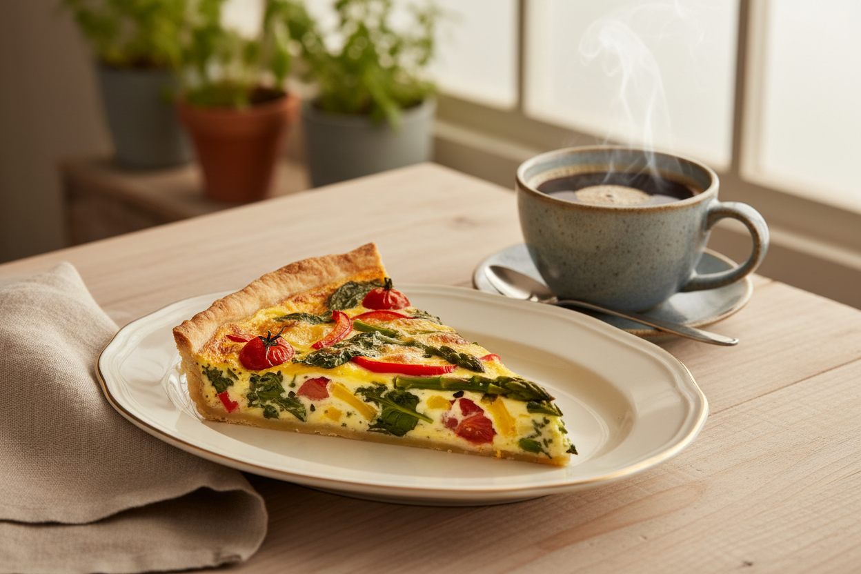 プレートにカットされた野菜のキッシュ と マグカップに入ったホットコーヒーの画像